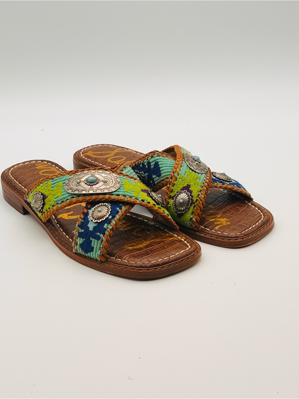 Sam Edelman Brown Embordered Slide Sandals Concho Turquoise Multicolor 6.5